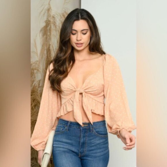 Cloud Ten Steph Long Sleeve Milkmaid Tie Front Crop Top Polka Dot Salmon Medium - Picture 6 of 12